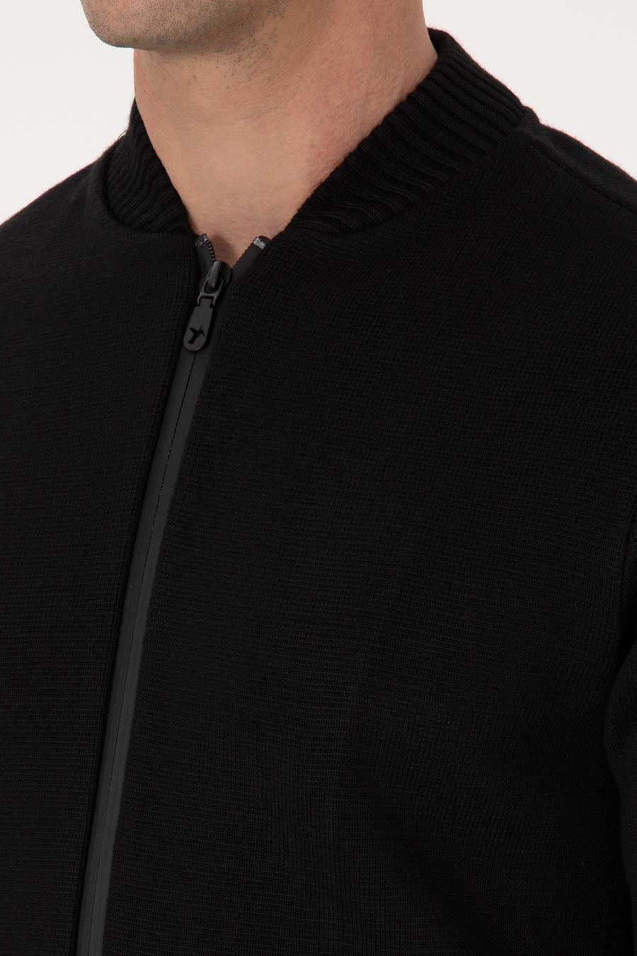Siyah Slim Fit Yün Karışımlı Tam Fermuarlı Triko Hırka - 50310564021