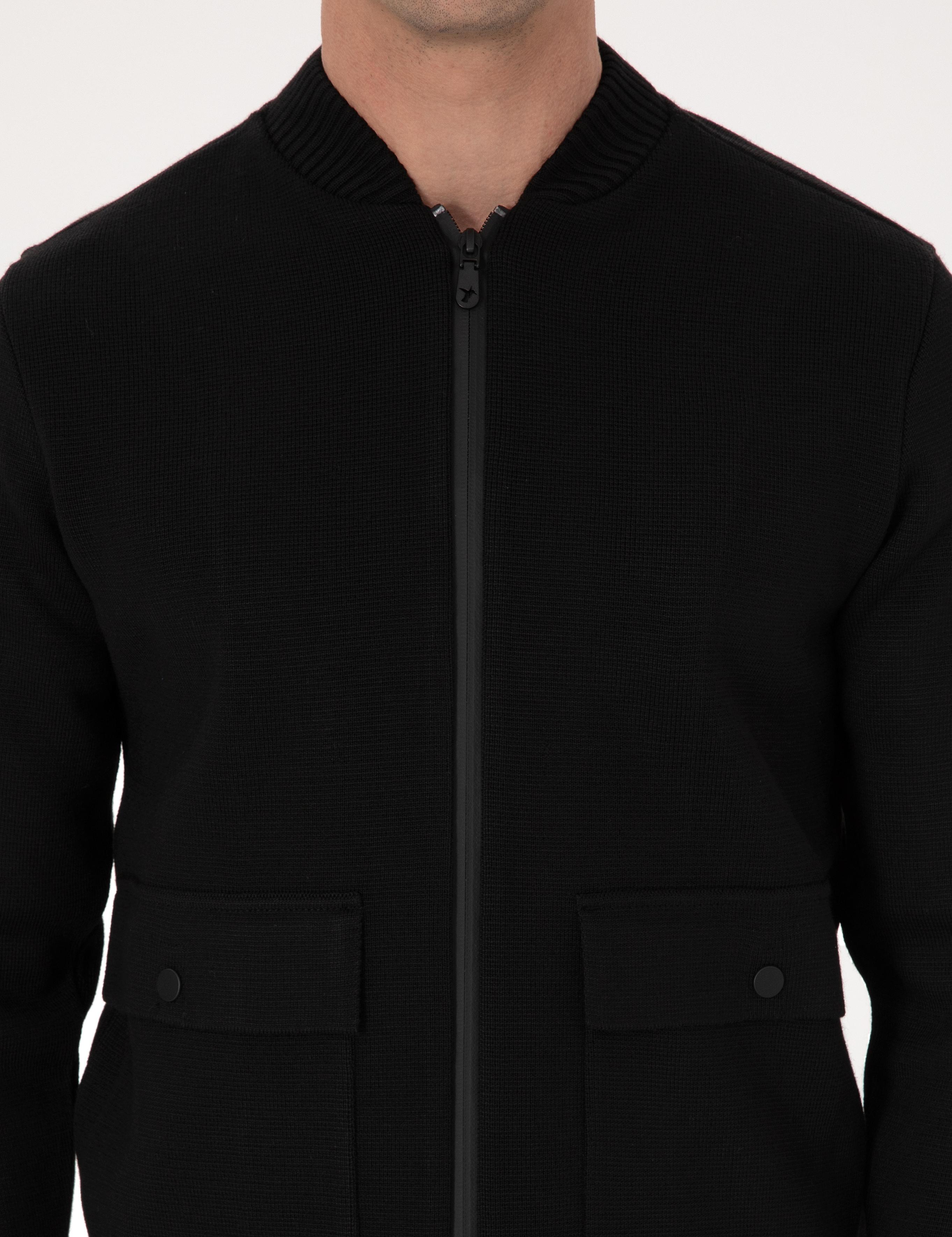 Siyah Slim Fit Yün Karışımlı Tam Fermuarlı Triko Hırka 50310564