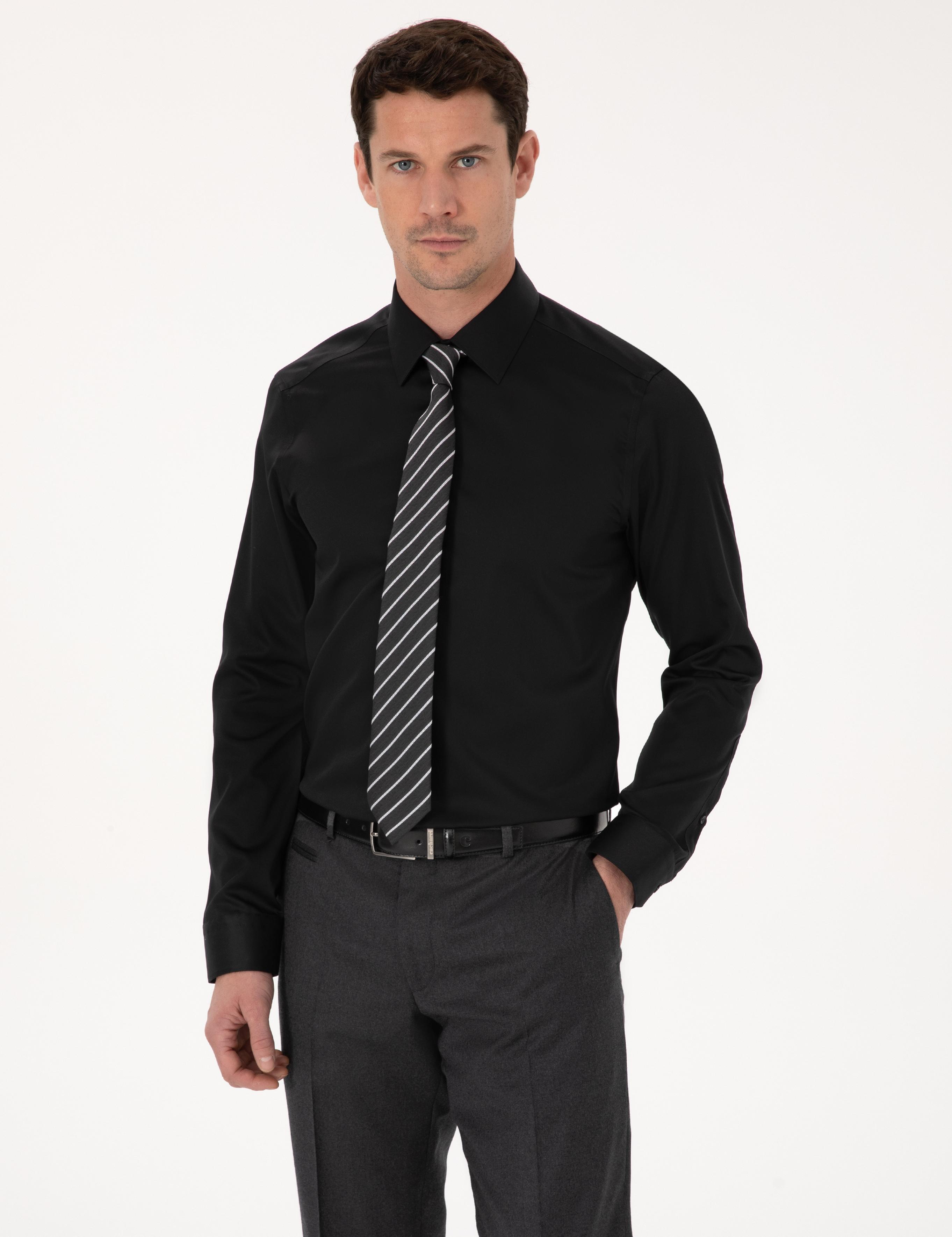 Siyah Slim Fit %100 Pamuk Non Iron Kolay Ütülenebilir Klasik Gömlek - 50314613042