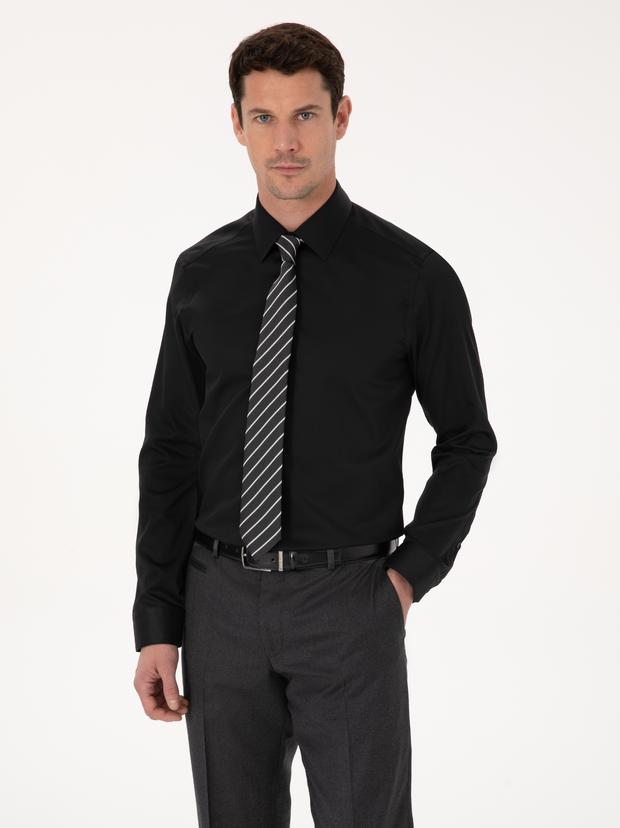 Siyah Slim Fit %100 Pamuk Non Iron Kolay Ütülenebilir Klasik Gömlek