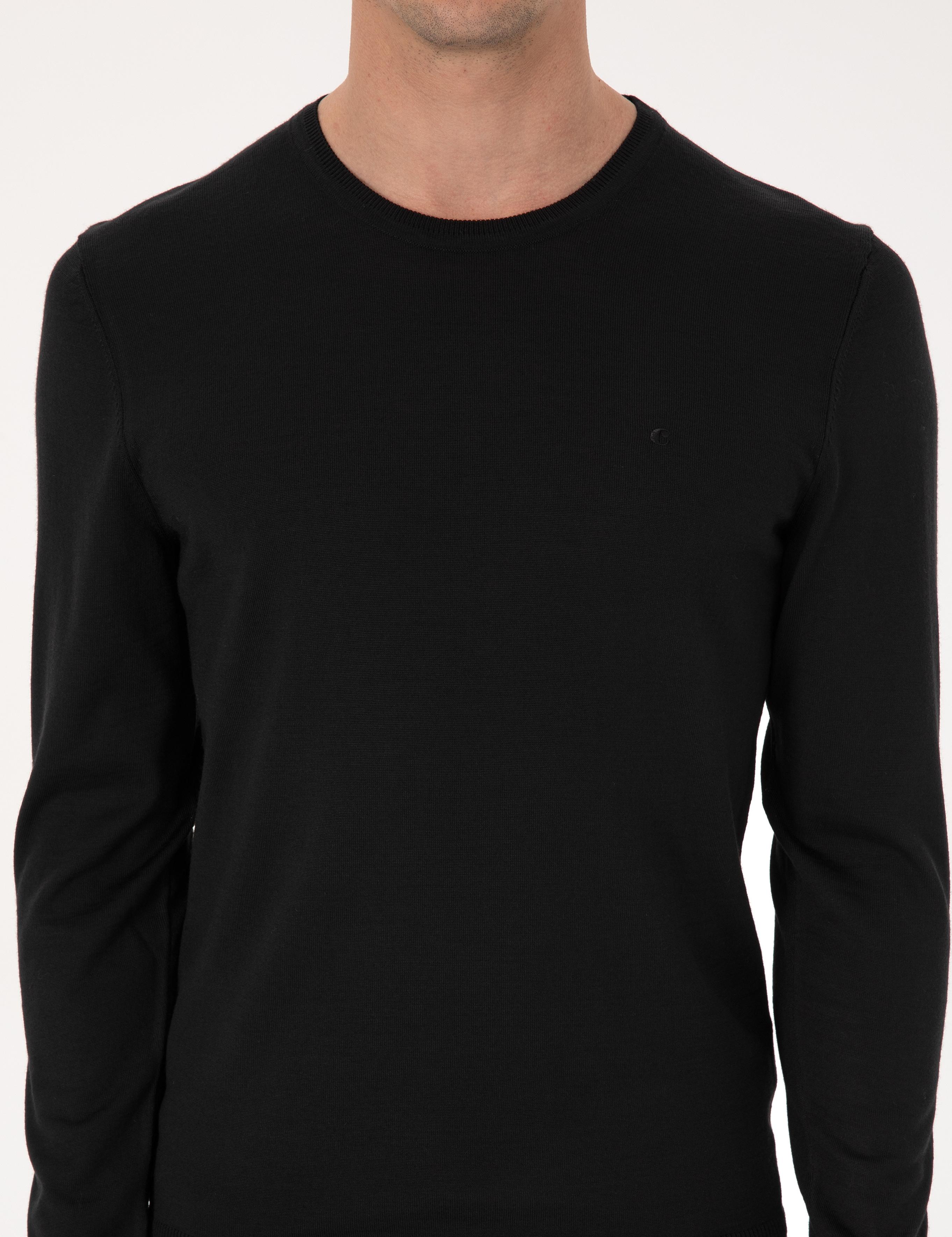 Siyah Slim Fit Yün Karışımlı Bisiklet Yaka Basic Triko Kazak - 50318854021