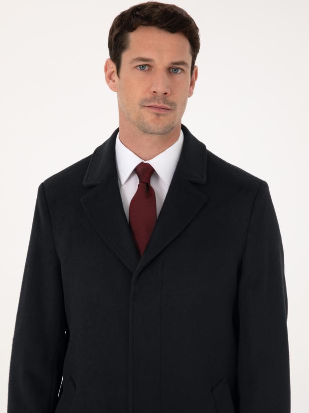 Lacivert Slim Fit Yün Kaşmir Karışımlı Palto