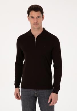 Kahverengi Regular Fit Yün Karışımlı Fermuarlı Polo Yaka Basic Triko Kazak