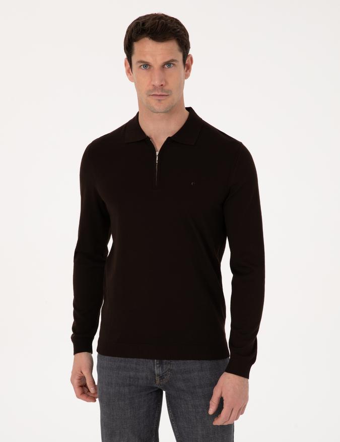 Kahverengi Regular Fit Yün Karışımlı Fermuarlı Polo Yaka Basic Triko Kazak