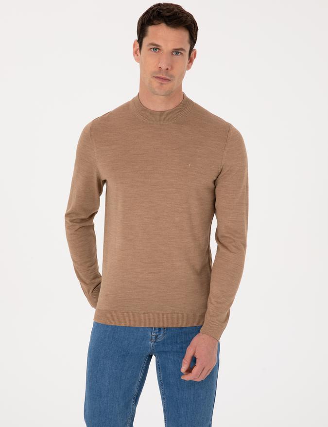 Camel Slim Fit Yün Karışımlı Çeyrek Balıkçı Yaka Basic Triko Kazak