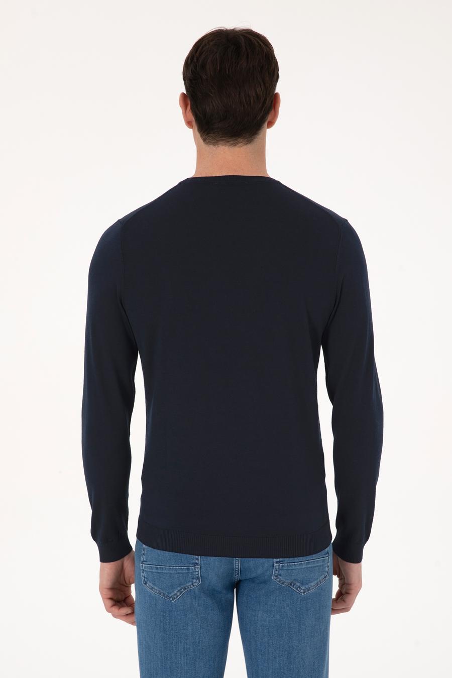 Lacivert Slim Fit Yün Karışımlı Bisiklet Yaka Basic Triko Kazak - 50318854011