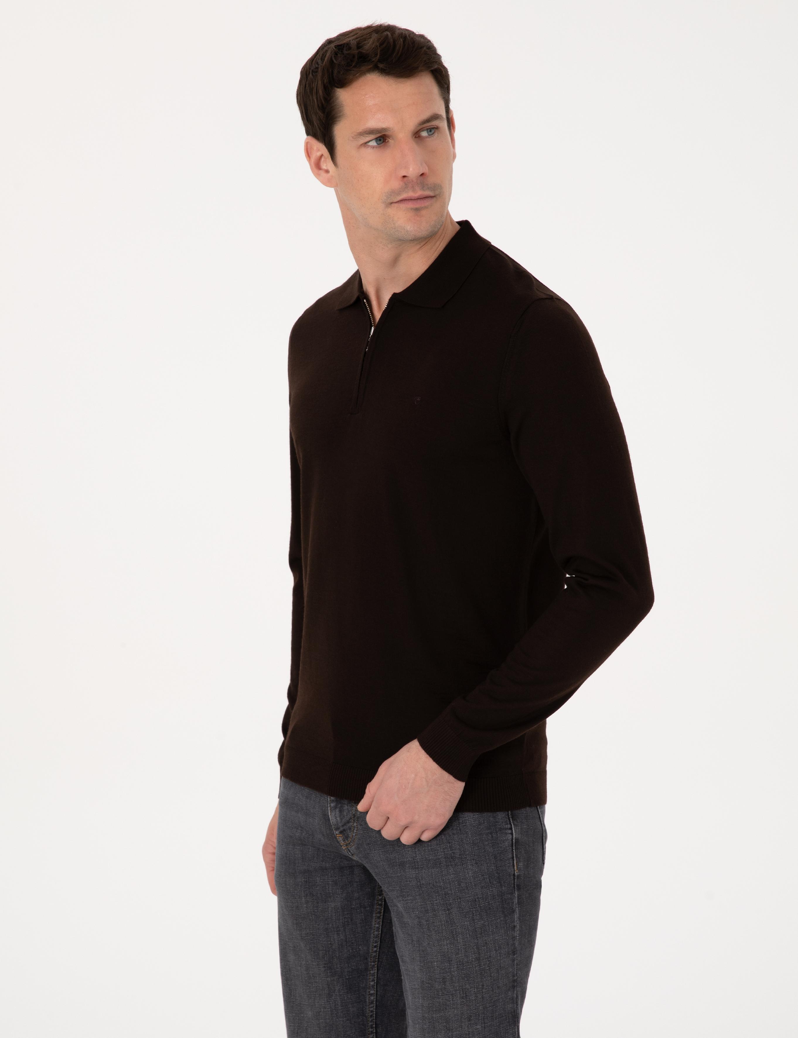 Kahverengi Regular Fit Yün Karışımlı Fermuarlı Polo Yaka Basic Triko Kazak - 50318901013