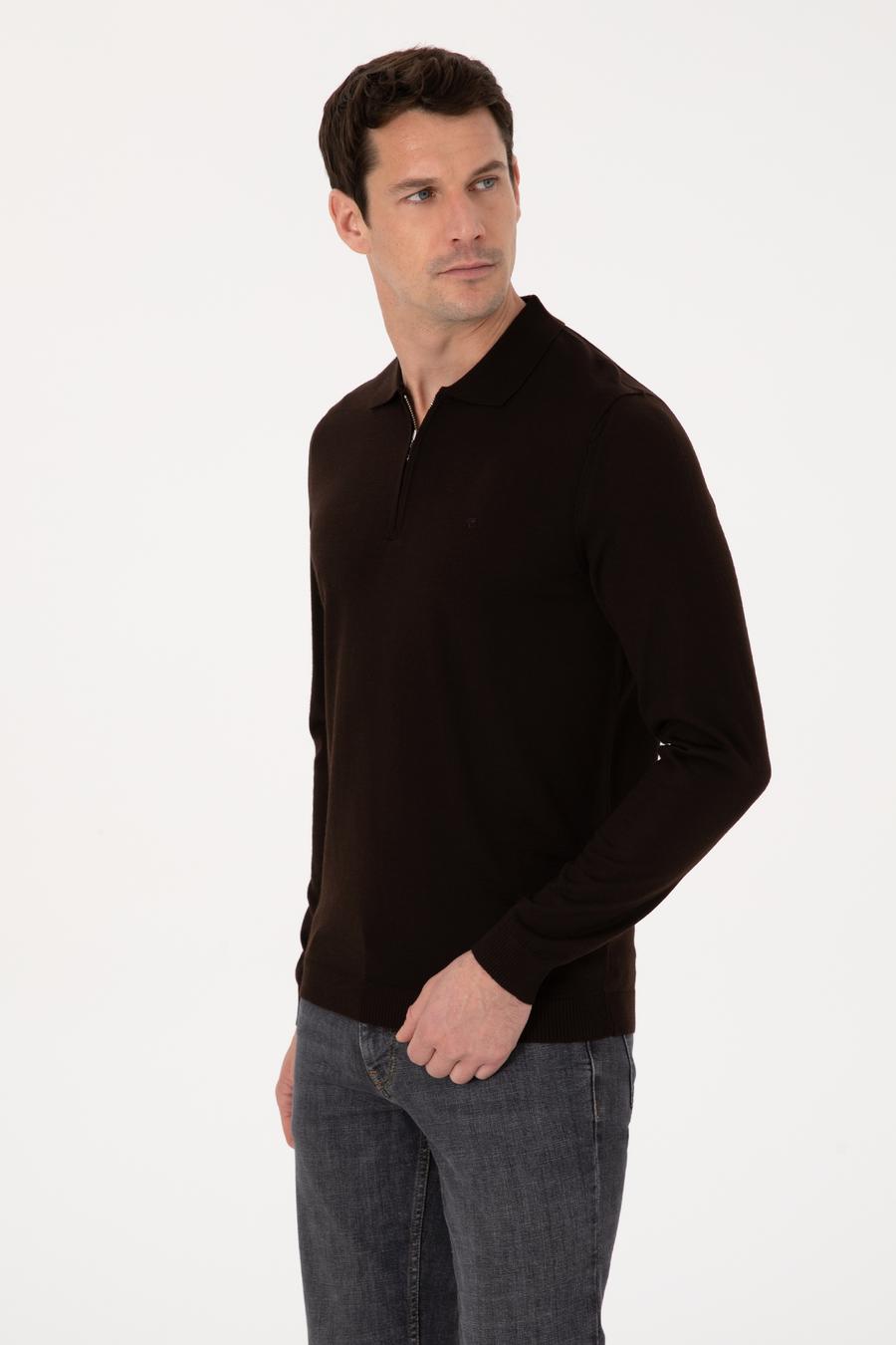 Kahverengi Regular Fit Yün Karışımlı Fermuarlı Polo Yaka Basic Triko Kazak - 50318901013