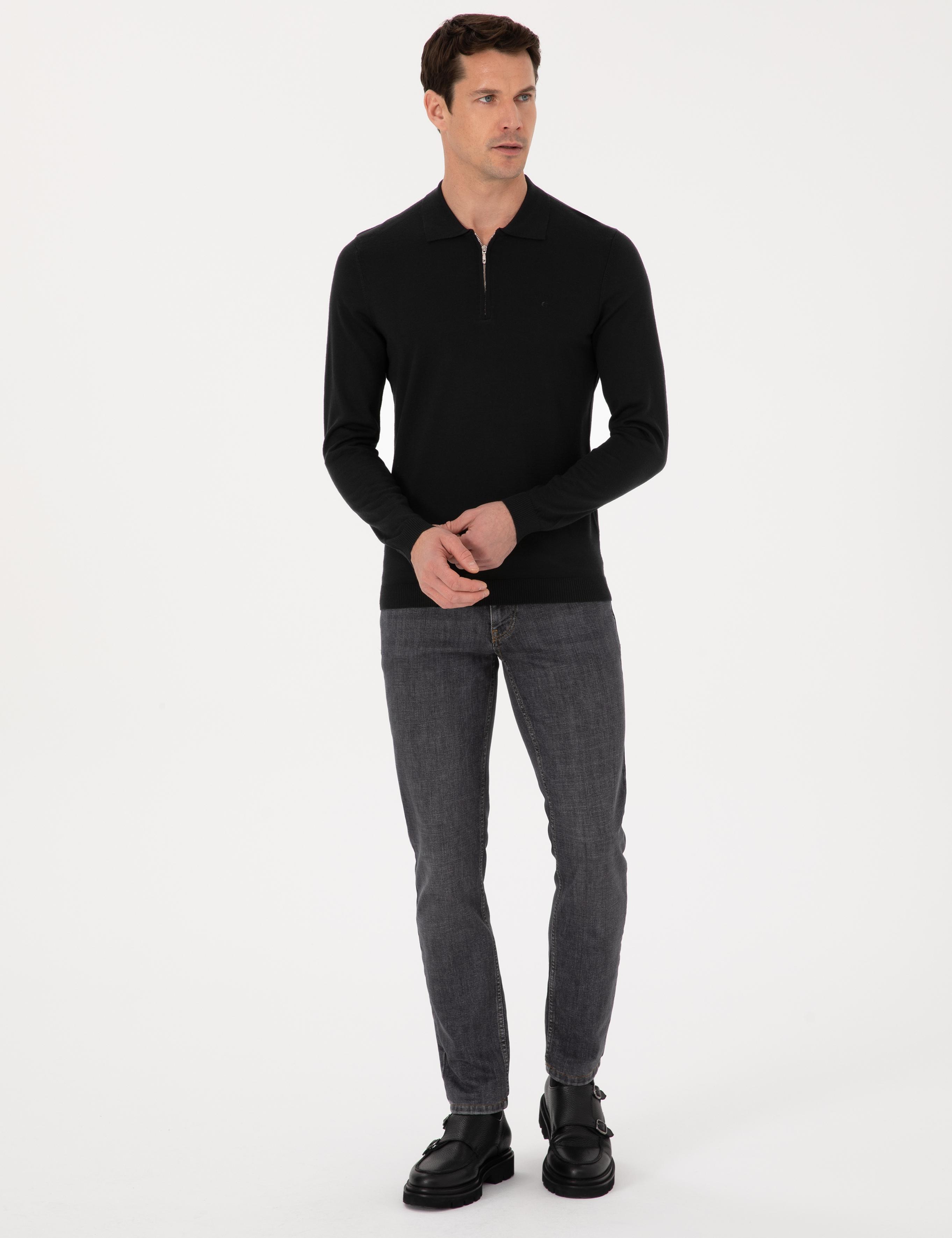 Siyah Regular Fit Yün Karışımlı Fermuarlı Polo Yaka Basic Triko Kazak - 50318901004