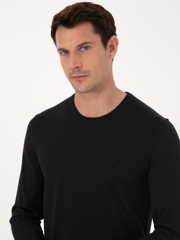 Siyah Slim Fit Yün Karışımlı Bisiklet Yaka Basic Triko Kazak