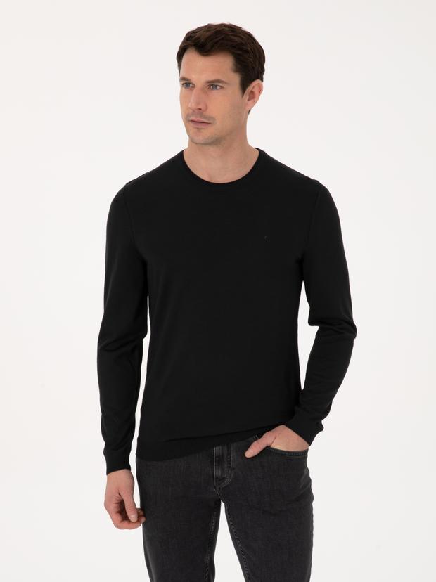 Siyah Slim Fit Yün Karışımlı Bisiklet Yaka Basic Triko Kazak
