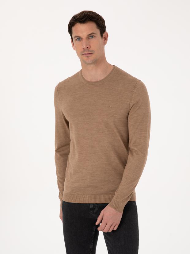 Camel Slim Fit Yün Karışımlı Bisiklet Yaka Basic Triko Kazak