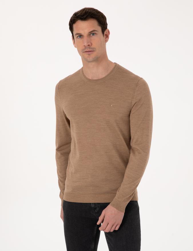 Camel Slim Fit Yün Karışımlı Bisiklet Yaka Basic Triko Kazak