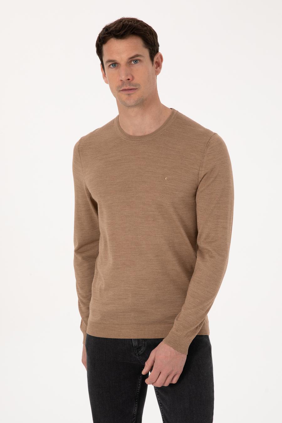 Camel Slim Fit Yün Karışımlı Bisiklet Yaka Basic Triko Kazak - 50318854004