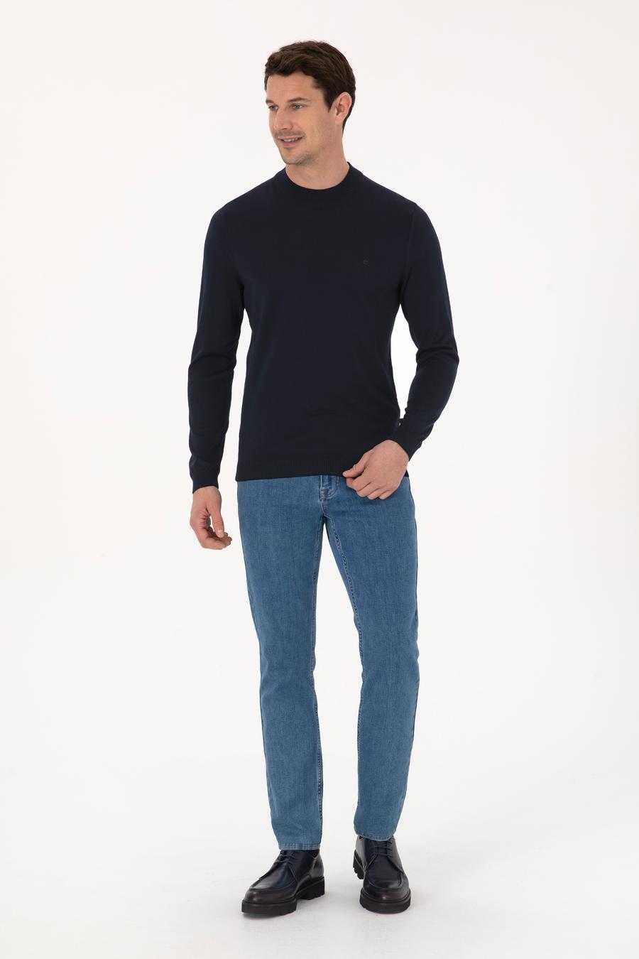 Lacivert Slim Fit Yün Karışımlı Çeyrek Balıkçı Yaka Basic Triko Kazak - 50318891002