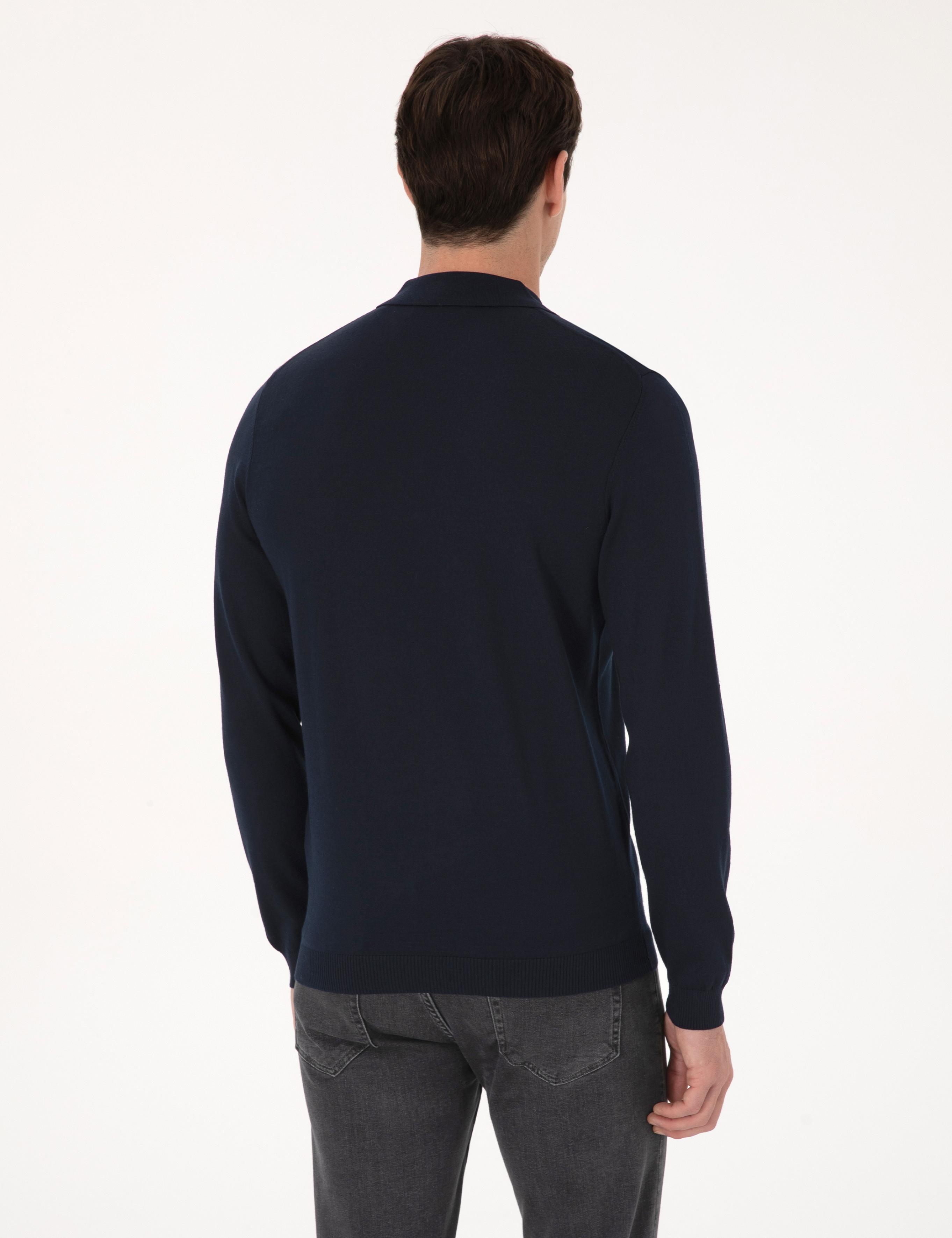 Lacivert Regular Fit Yün Karışımlı Fermuarlı Polo Yaka Basic Triko Kazak - 50318901021