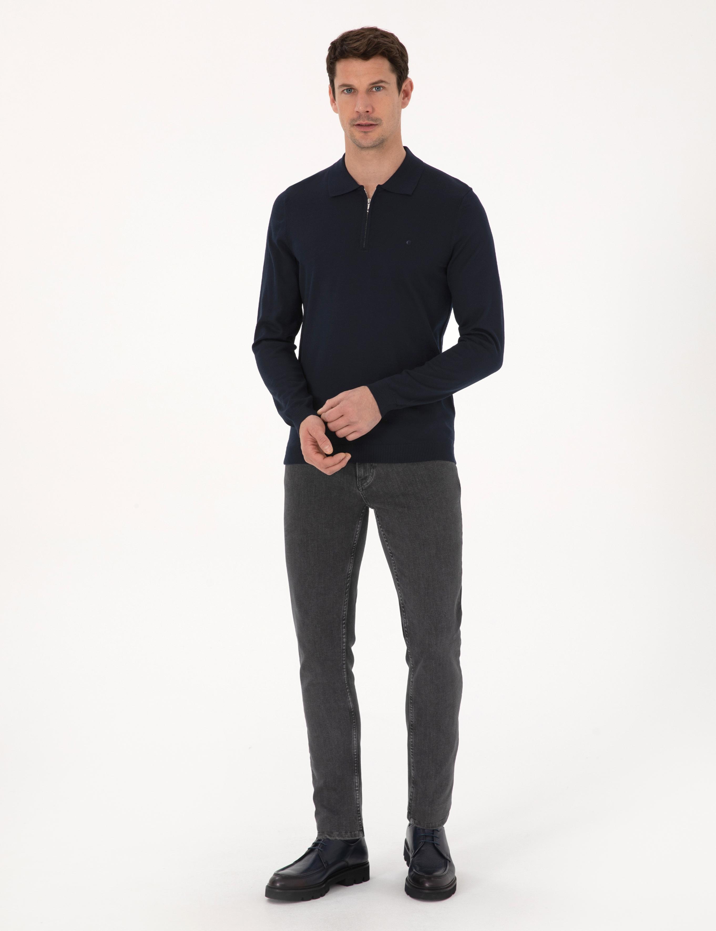 Lacivert Regular Fit Yün Karışımlı Fermuarlı Polo Yaka Basic Triko Kazak - 50318901021