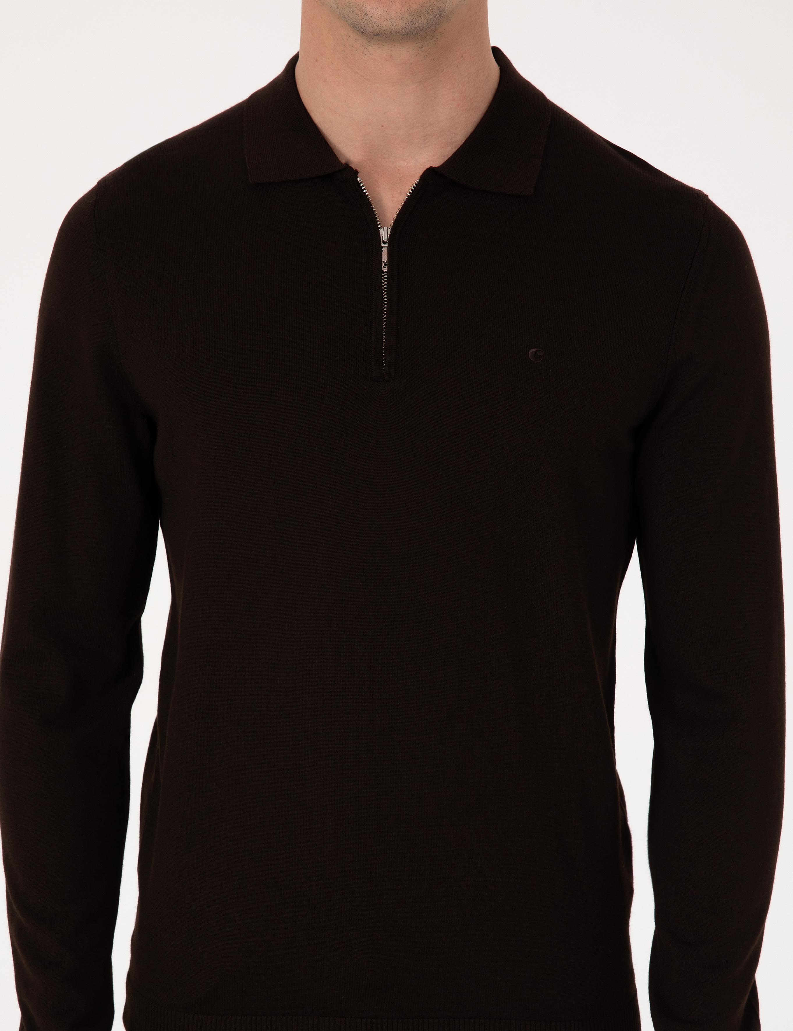 Kahverengi Regular Fit Yün Karışımlı Fermuarlı Polo Yaka Basic Triko Kazak - 50318901013