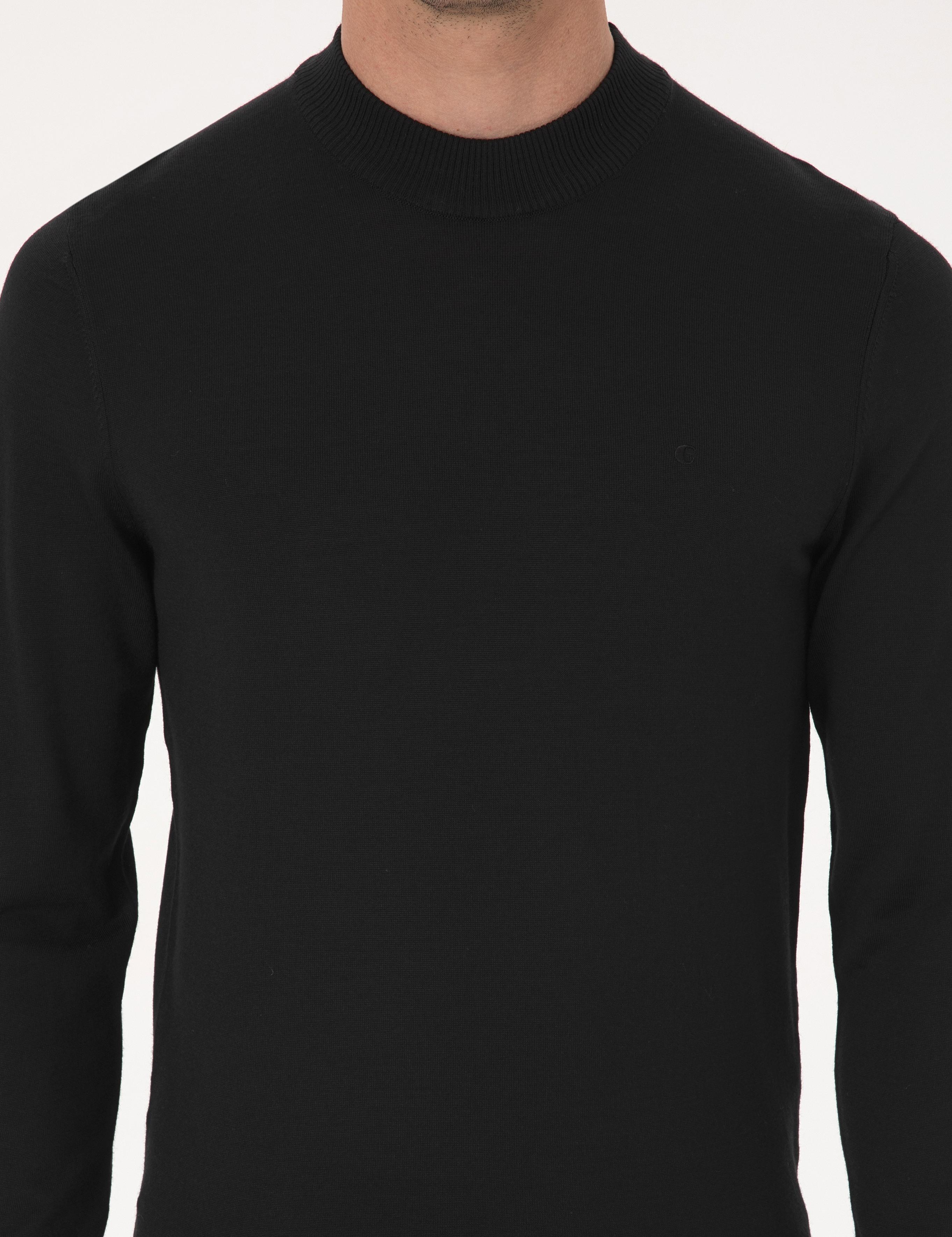 Siyah Slim Fit Yün Karışımlı Çeyrek Balıkçı Yaka Basic Triko Kazak - 50318891013