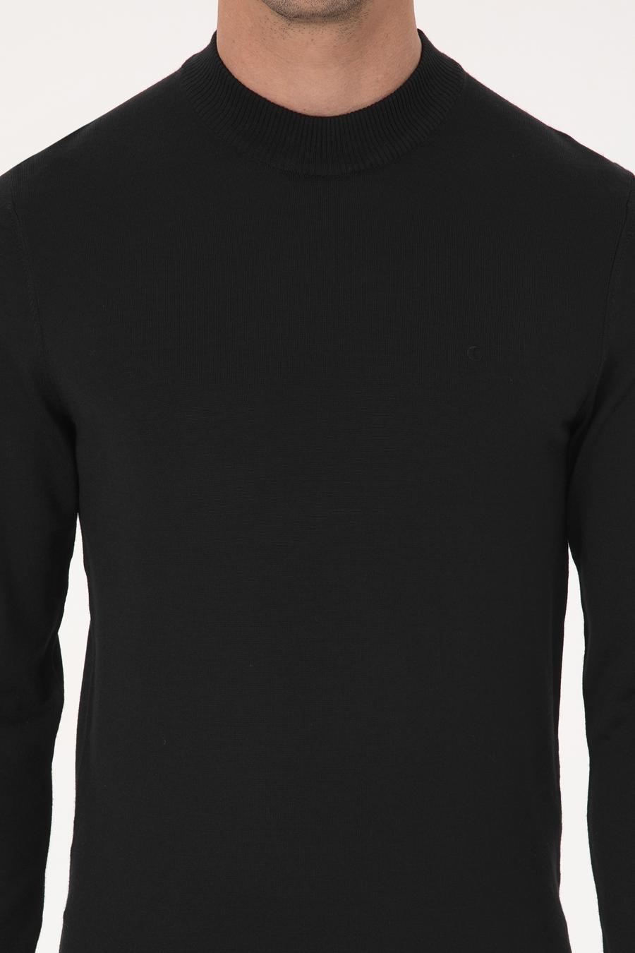 Siyah Slim Fit Yün Karışımlı Çeyrek Balıkçı Yaka Basic Triko Kazak - 50318891013