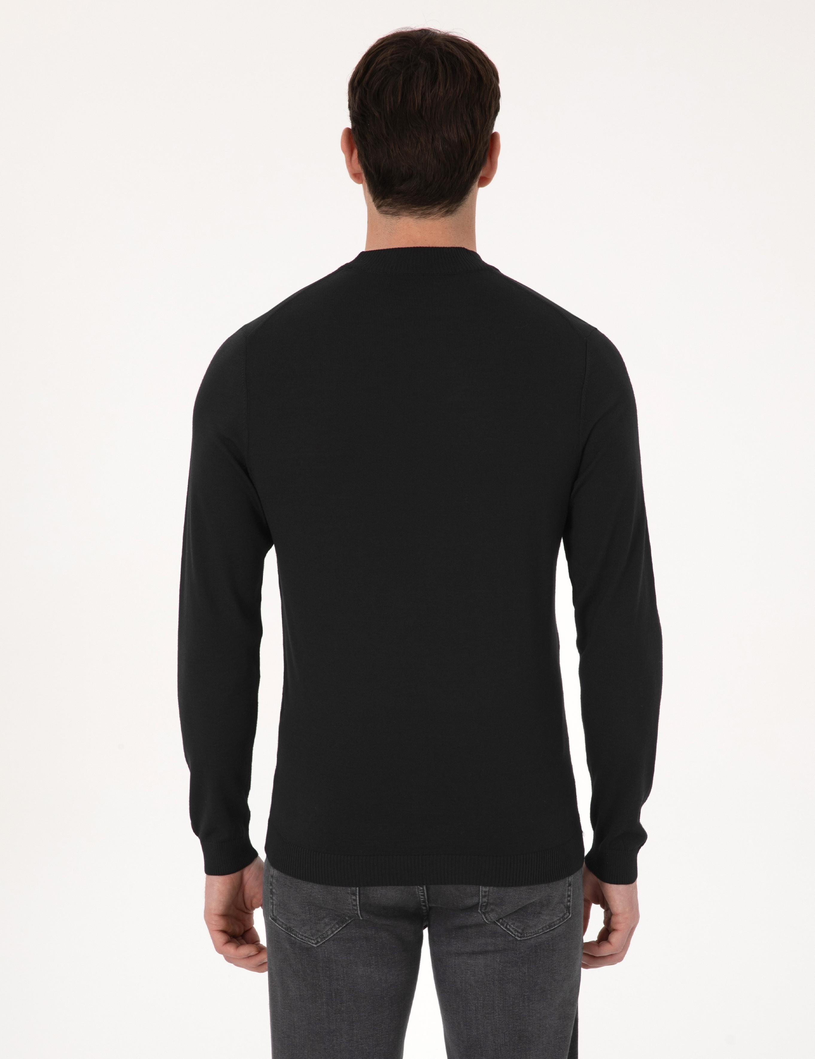 Siyah Slim Fit Yün Karışımlı Çeyrek Balıkçı Yaka Basic Triko Kazak - 50318891013