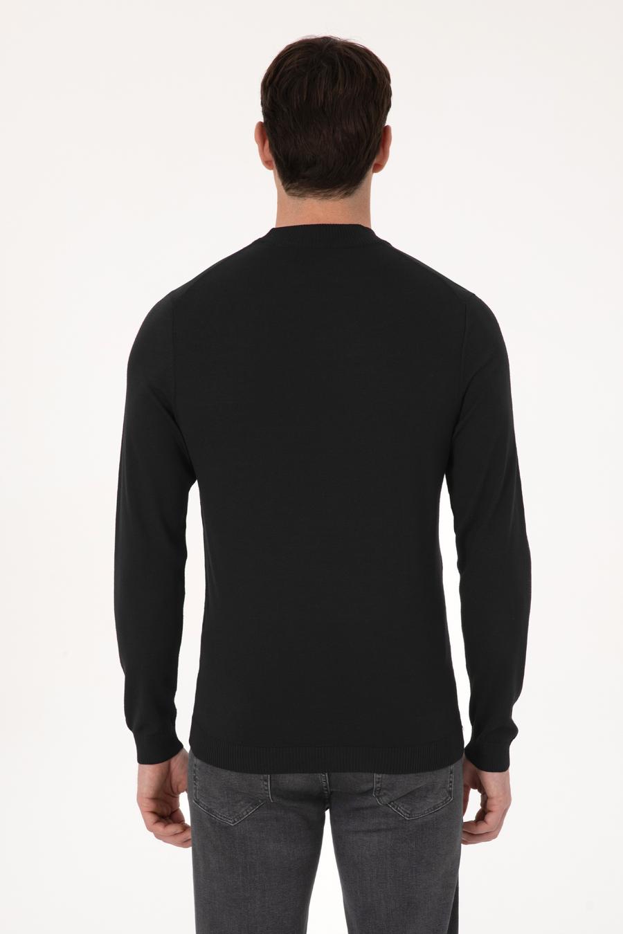Siyah Slim Fit Yün Karışımlı Çeyrek Balıkçı Yaka Basic Triko Kazak - 50318891013