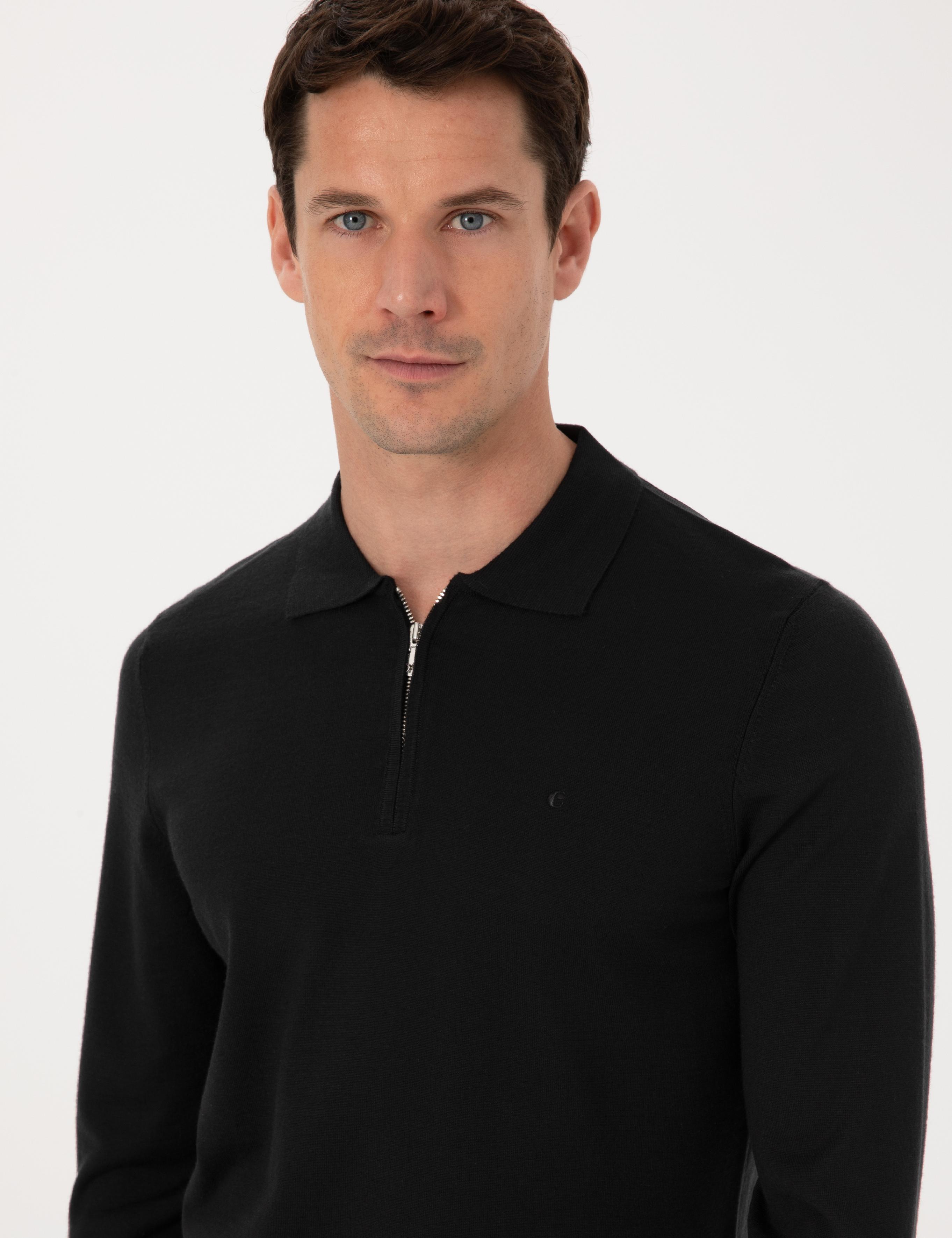 Siyah Regular Fit Yün Karışımlı Fermuarlı Polo Yaka Basic Triko Kazak - 50318901004