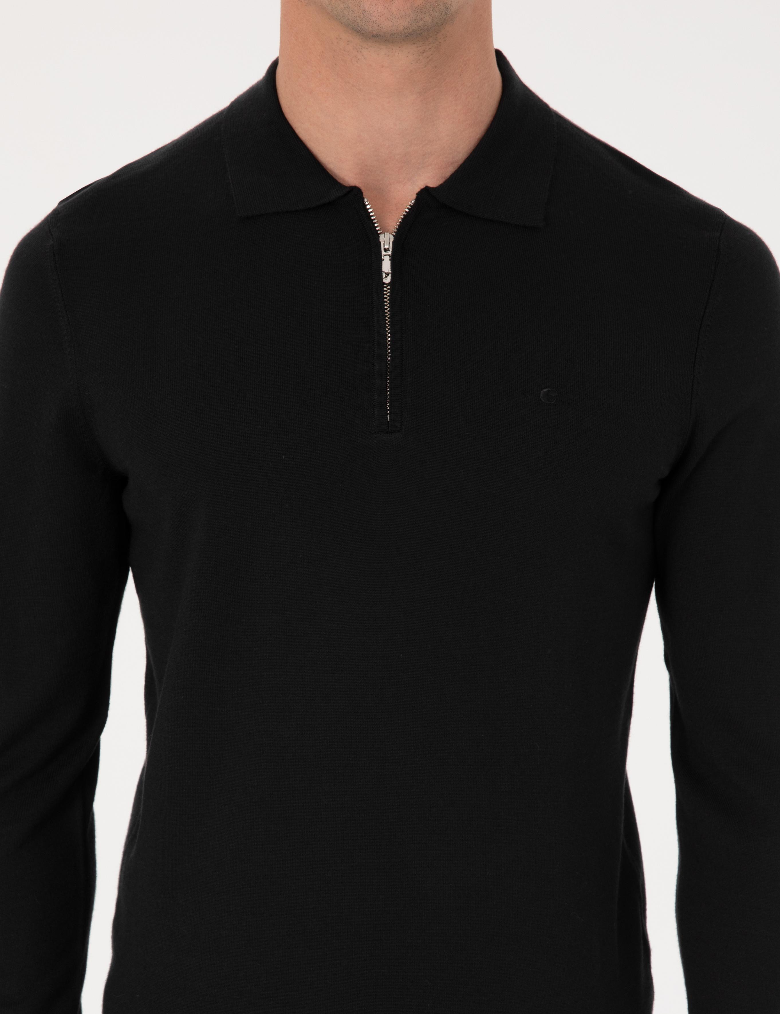 Siyah Regular Fit Yün Karışımlı Fermuarlı Polo Yaka Basic Triko Kazak - 50318901004