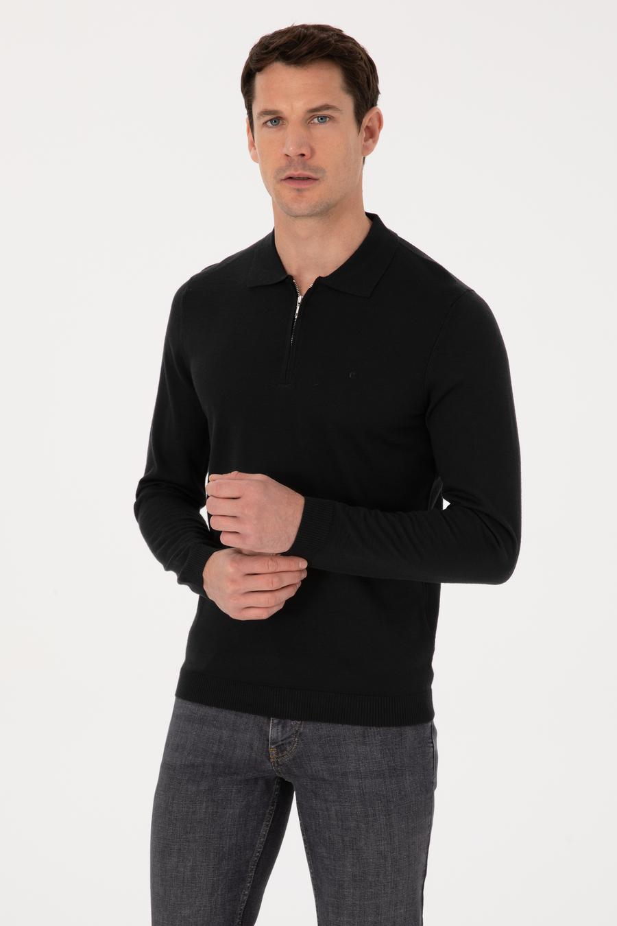 Siyah Regular Fit Yün Karışımlı Fermuarlı Polo Yaka Basic Triko Kazak - 50318901004