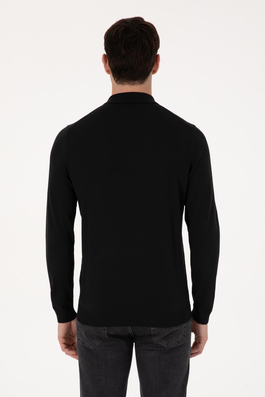 Siyah Regular Fit Yün Karışımlı Polo Yaka Basic Triko Kazak - 50318855009