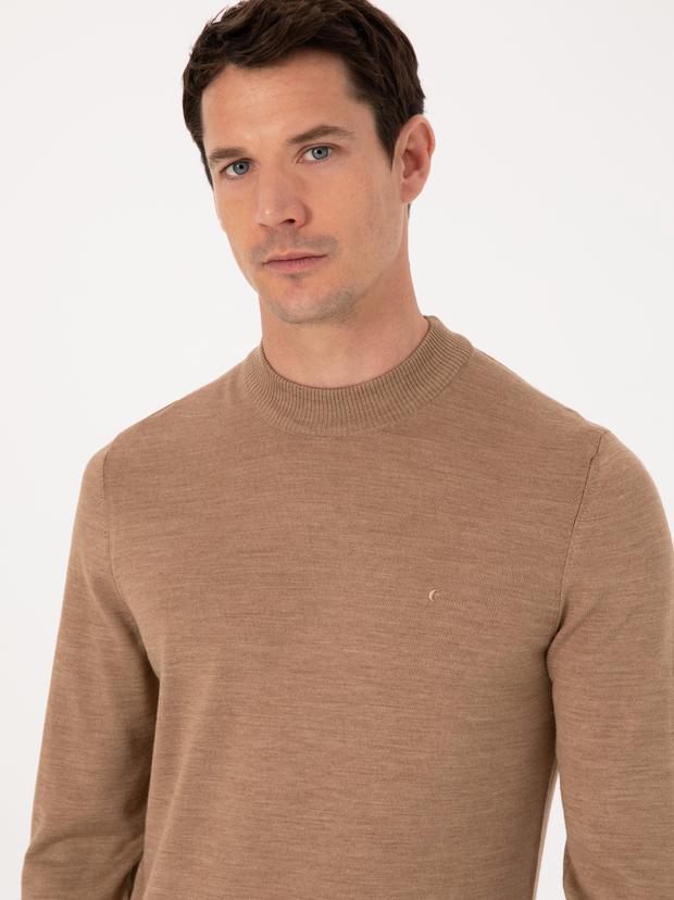 Camel Slim Fit Yün Karışımlı Çeyrek Balıkçı Yaka Basic Triko Kazak