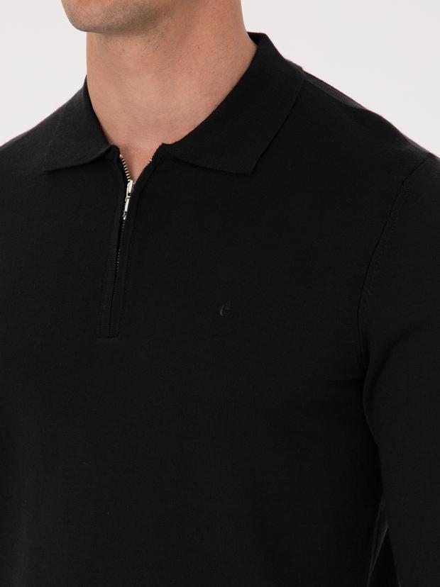Siyah Regular Fit Yün Karışımlı Fermuarlı Polo Yaka Basic Triko Kazak