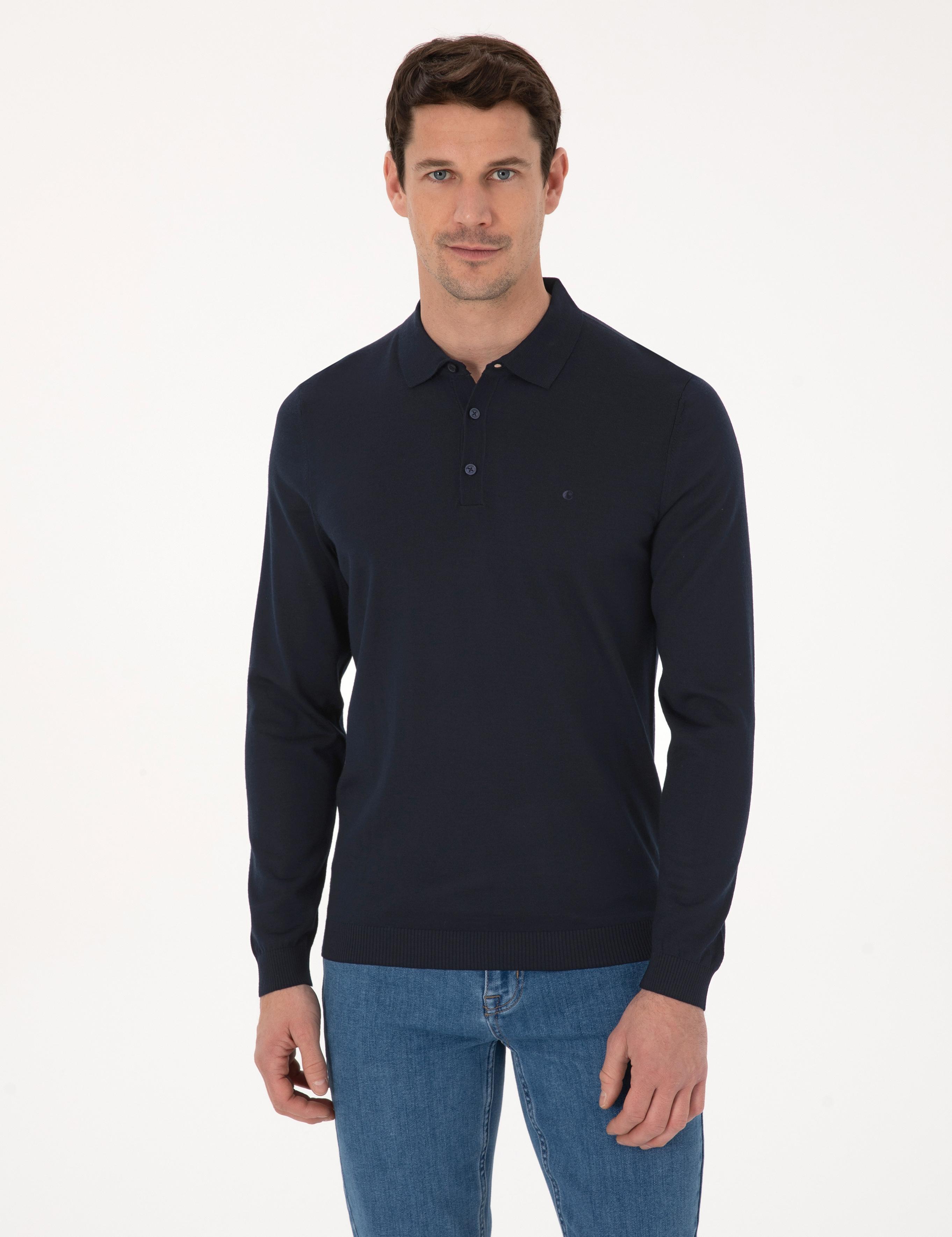 Lacivert Regular Fit Yün Karışımlı Polo Yaka Basic Triko Kazak - 50318855005