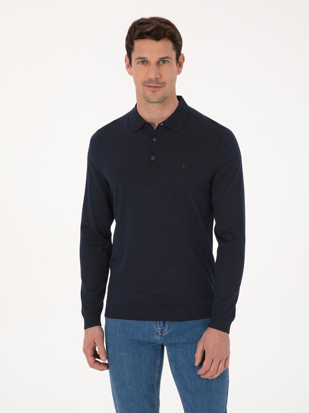 Lacivert Regular Fit Yün Karışımlı Polo Yaka Basic Triko Kazak