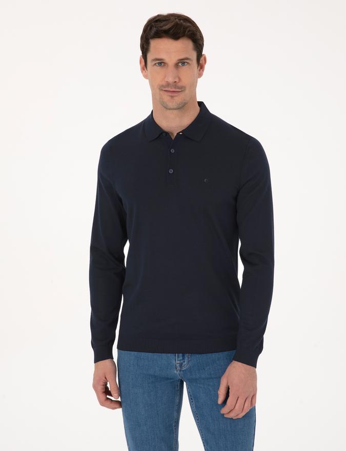 Lacivert Regular Fit Yün Karışımlı Polo Yaka Basic Triko Kazak