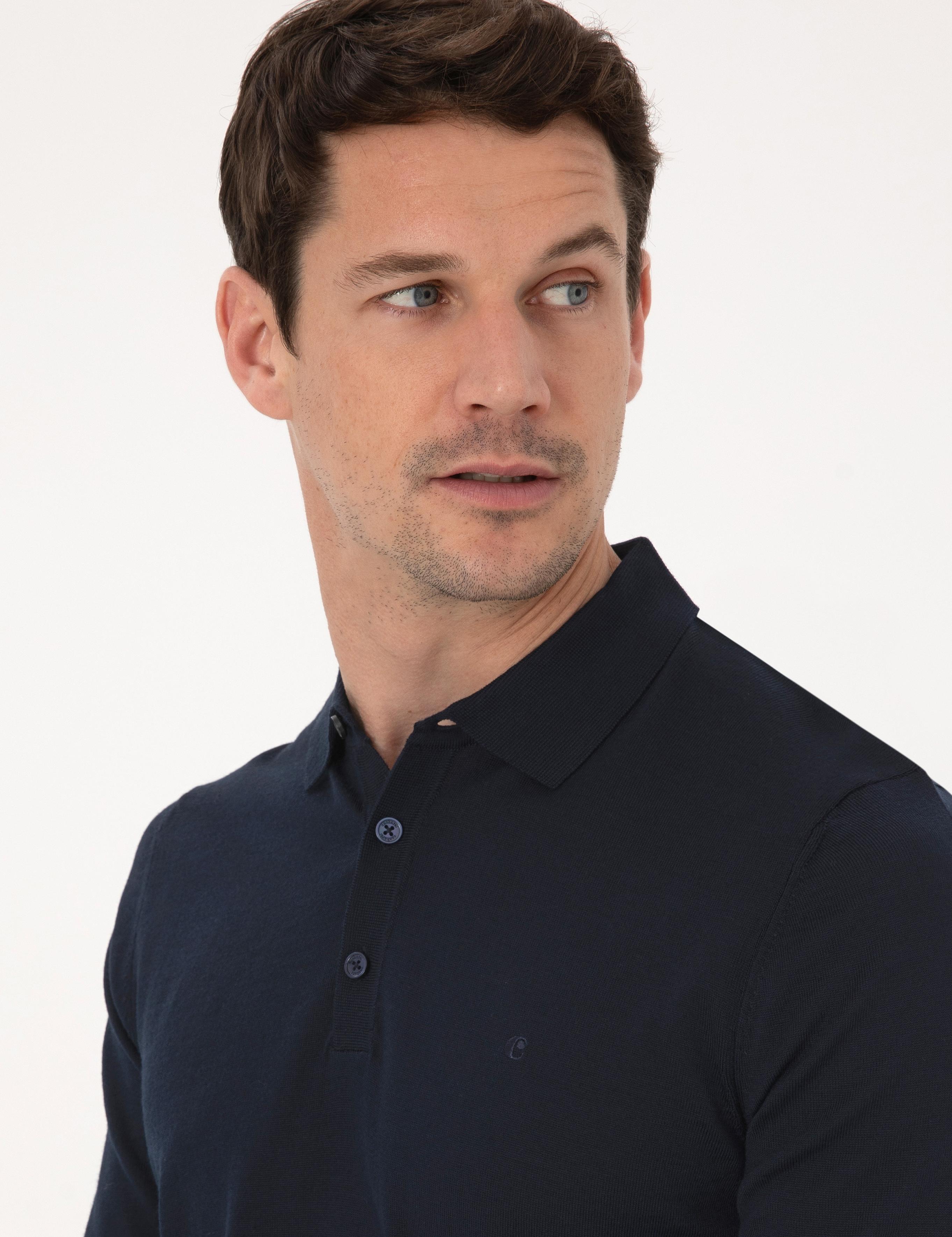 Lacivert Regular Fit Yün Karışımlı Polo Yaka Basic Triko Kazak - 50318855005