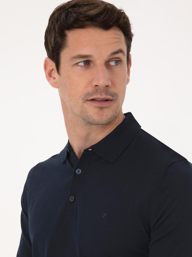 Lacivert Regular Fit Yün Karışımlı Polo Yaka Basic Triko Kazak