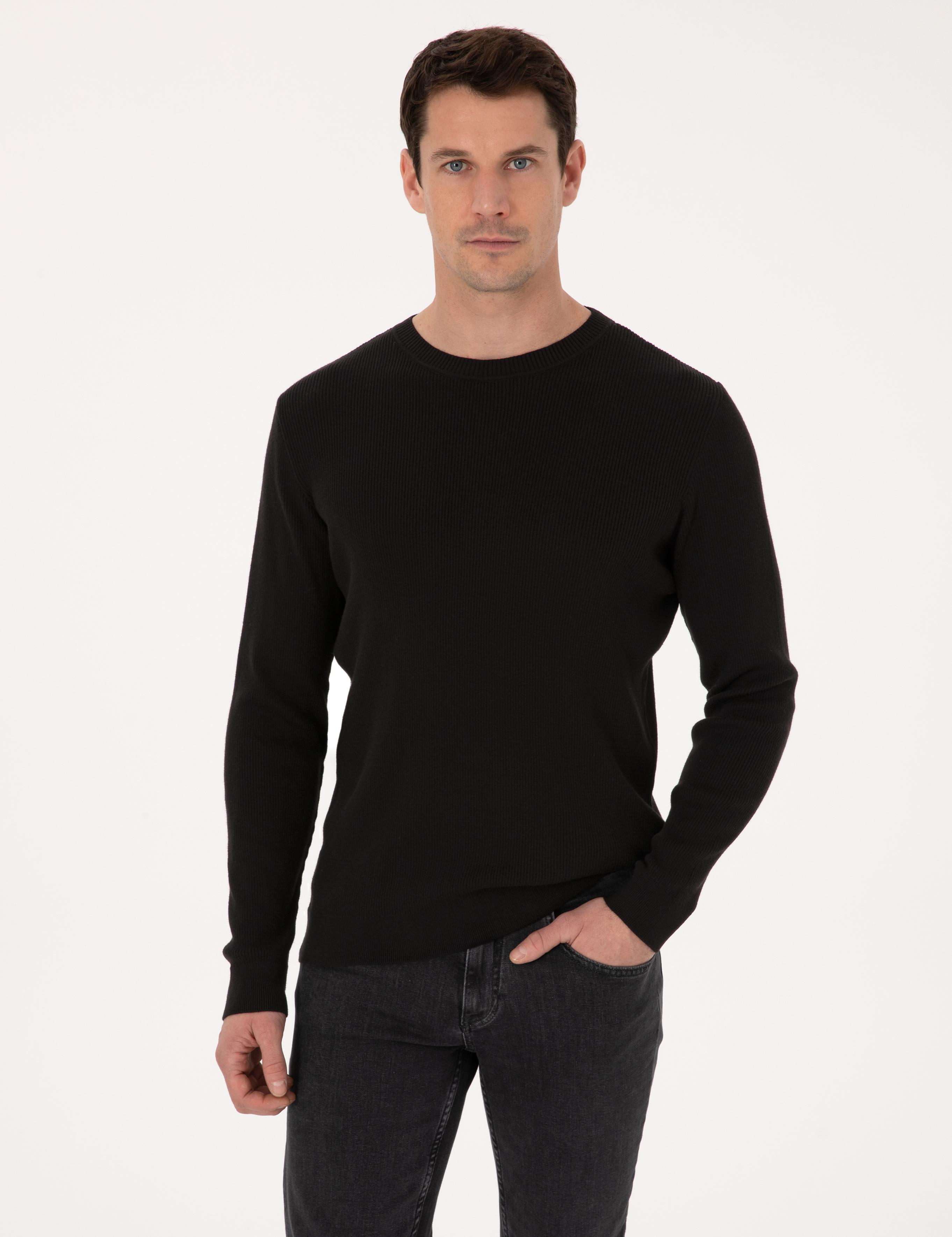 Siyah Slim Fit Pamuk Karışımlı Bisiklet Yaka Selanik Örgü Triko Kazak - 50318976020