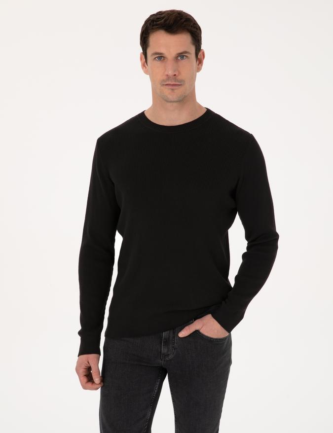 Siyah Slim Fit Pamuk Karışımlı Bisiklet Yaka Selanik Örgü Triko Kazak