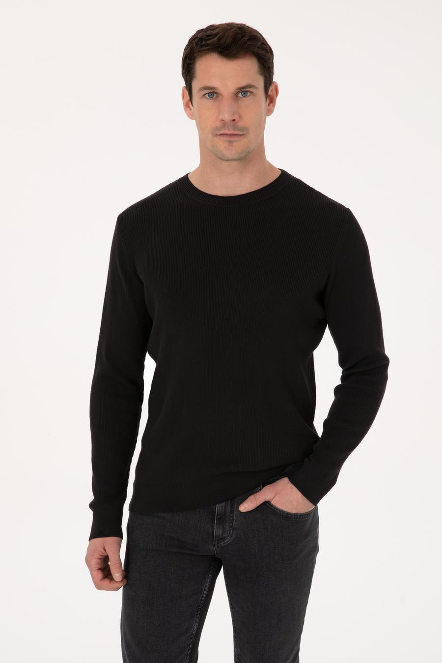 Siyah Slim Fit Pamuk Karışımlı Bisiklet Yaka Selanik Örgü Triko Kazak - 50318976020