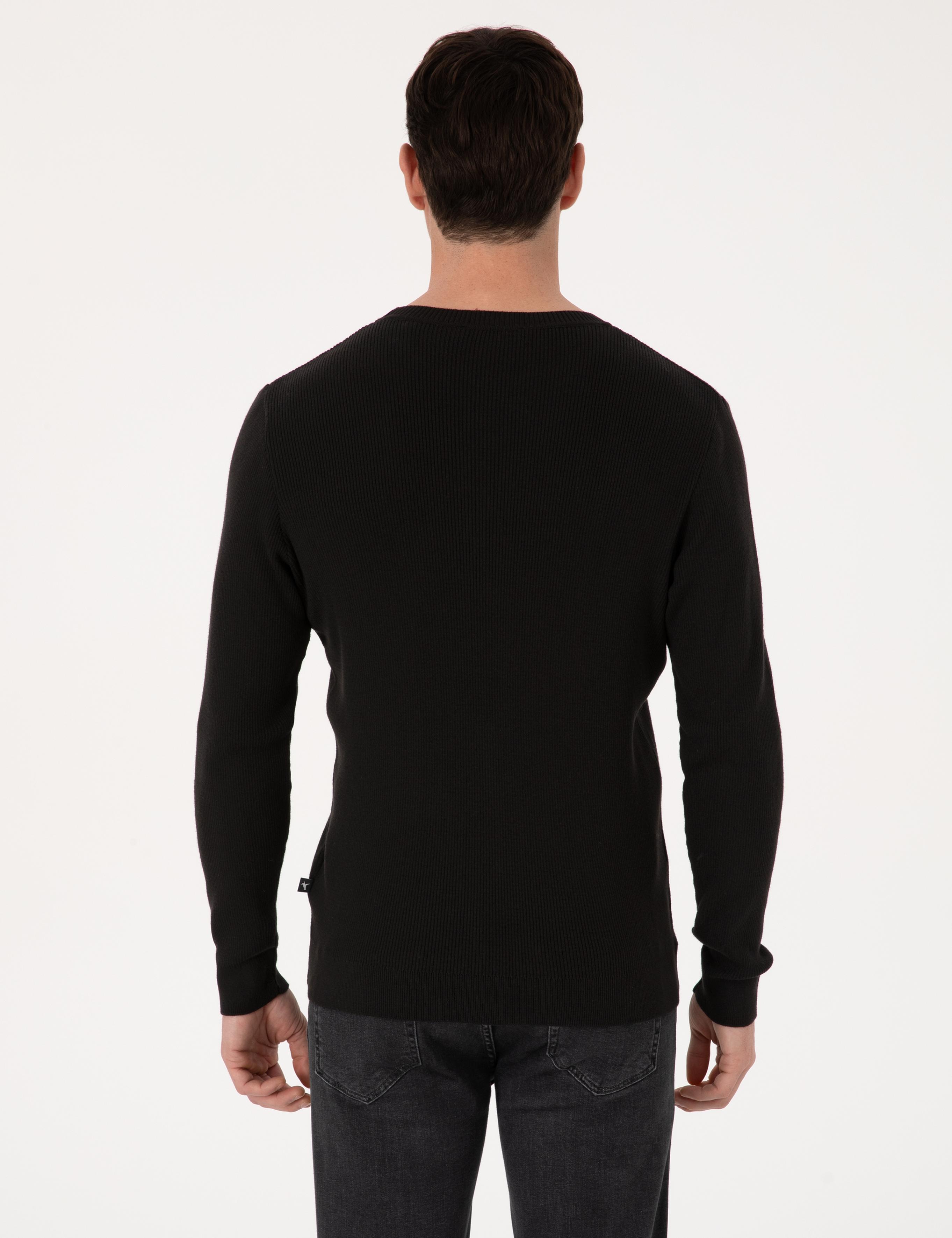 Siyah Slim Fit Pamuk Karışımlı Bisiklet Yaka Selanik Örgü Triko Kazak - 50318976020