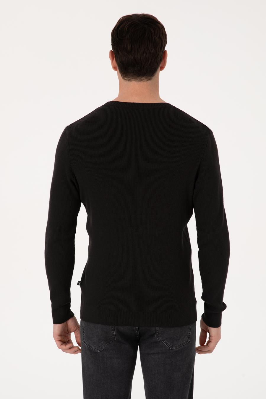 Siyah Slim Fit Pamuk Karışımlı Bisiklet Yaka Selanik Örgü Triko Kazak - 50318976020
