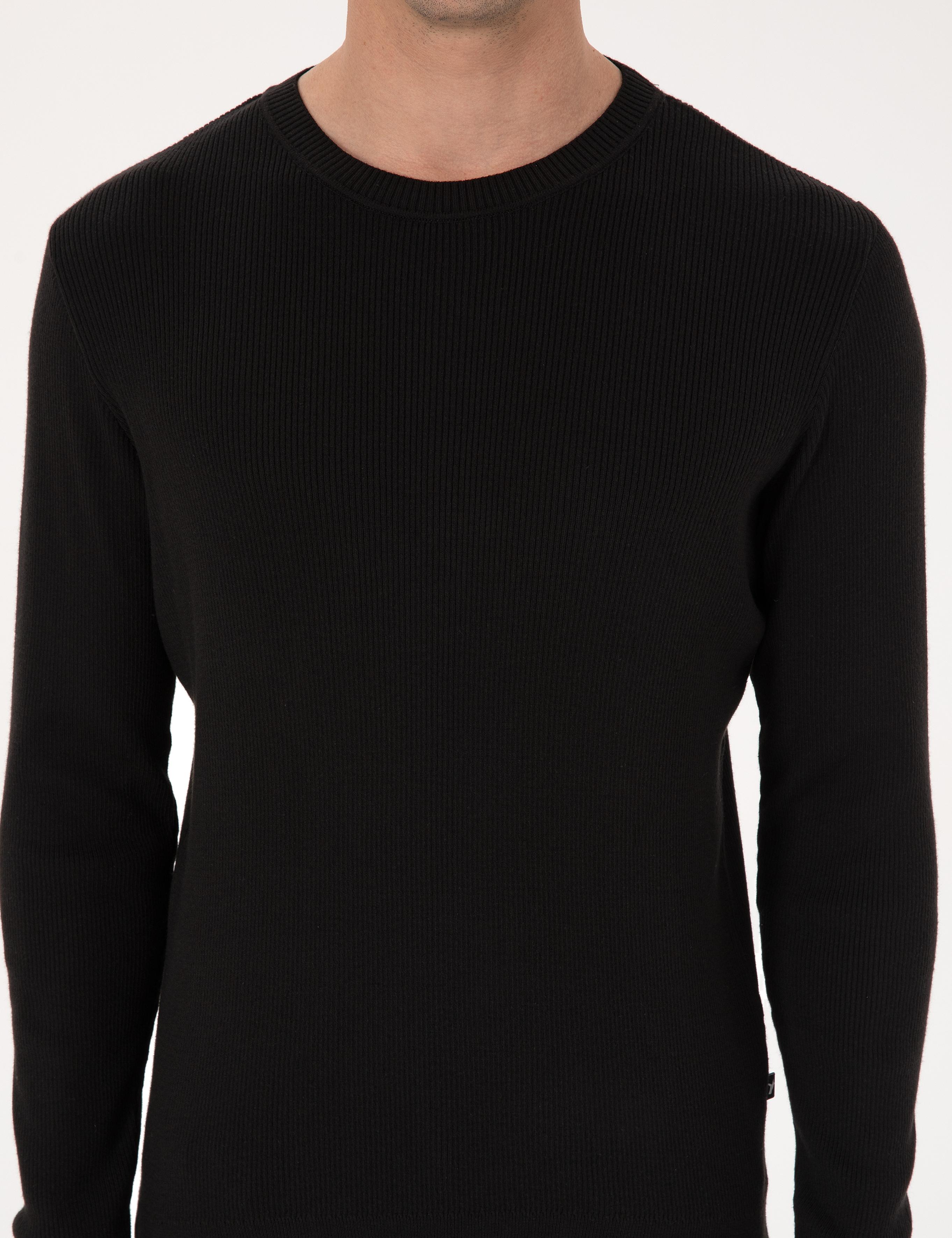 Siyah Slim Fit Pamuk Karışımlı Bisiklet Yaka Selanik Örgü Triko Kazak - 50318976020