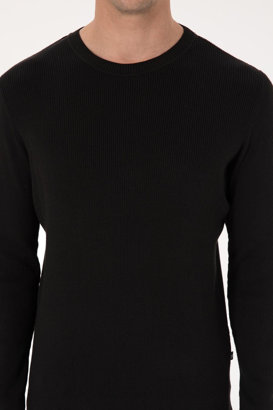 Siyah Slim Fit Pamuk Karışımlı Bisiklet Yaka Selanik Örgü Triko Kazak - 50318976020