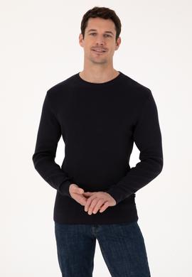 Lacivert Slim Fit Pamuk Karışımlı Bisiklet Yaka Selanik Örgü Triko Kazak