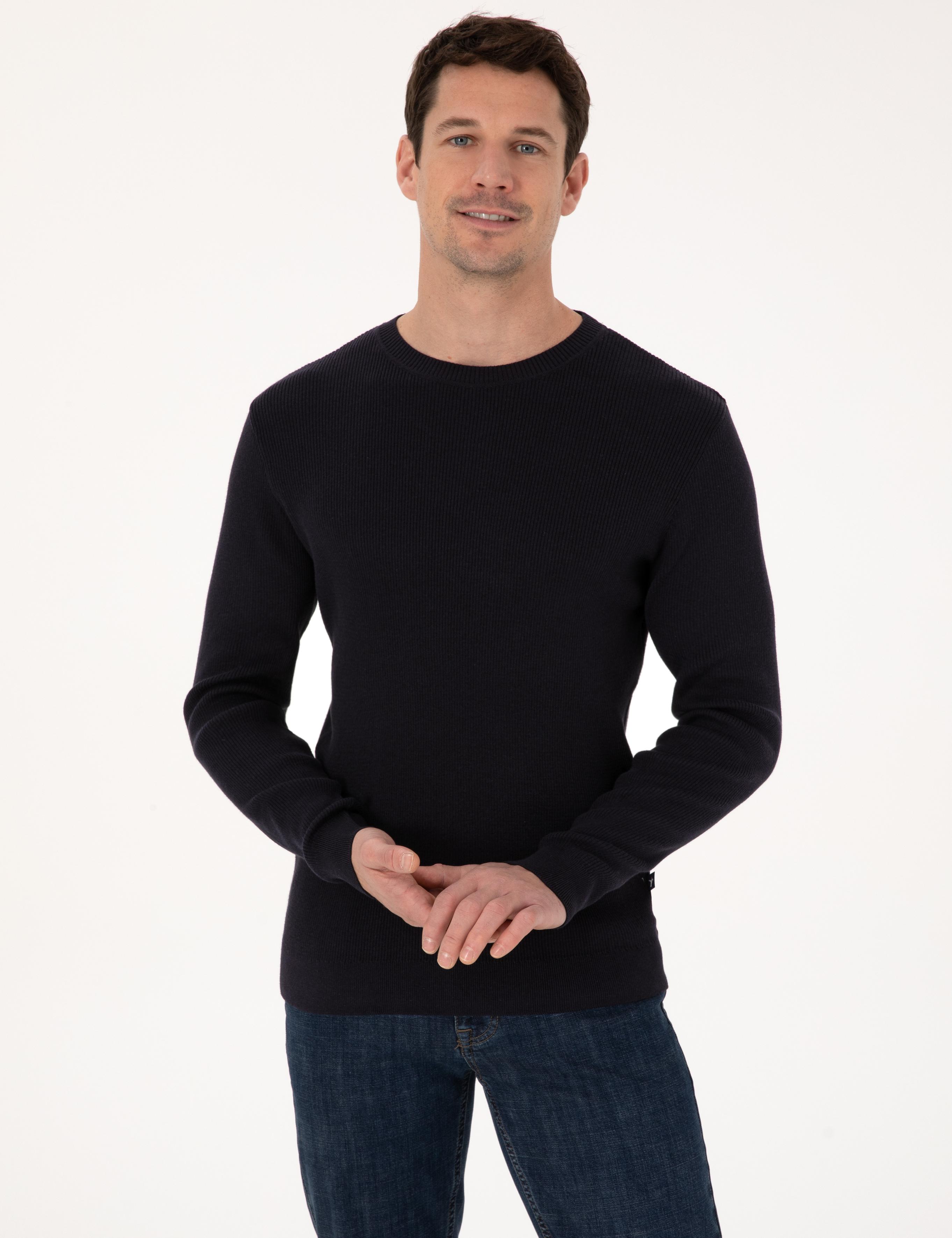 Lacivert Slim Fit Pamuk Karışımlı Bisiklet Yaka Selanik Örgü Triko Kazak - 50318976014