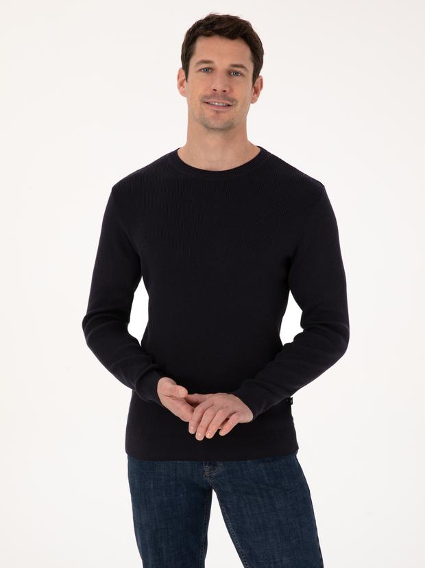 Lacivert Slim Fit Pamuk Karışımlı Bisiklet Yaka Selanik Örgü Triko Kazak
