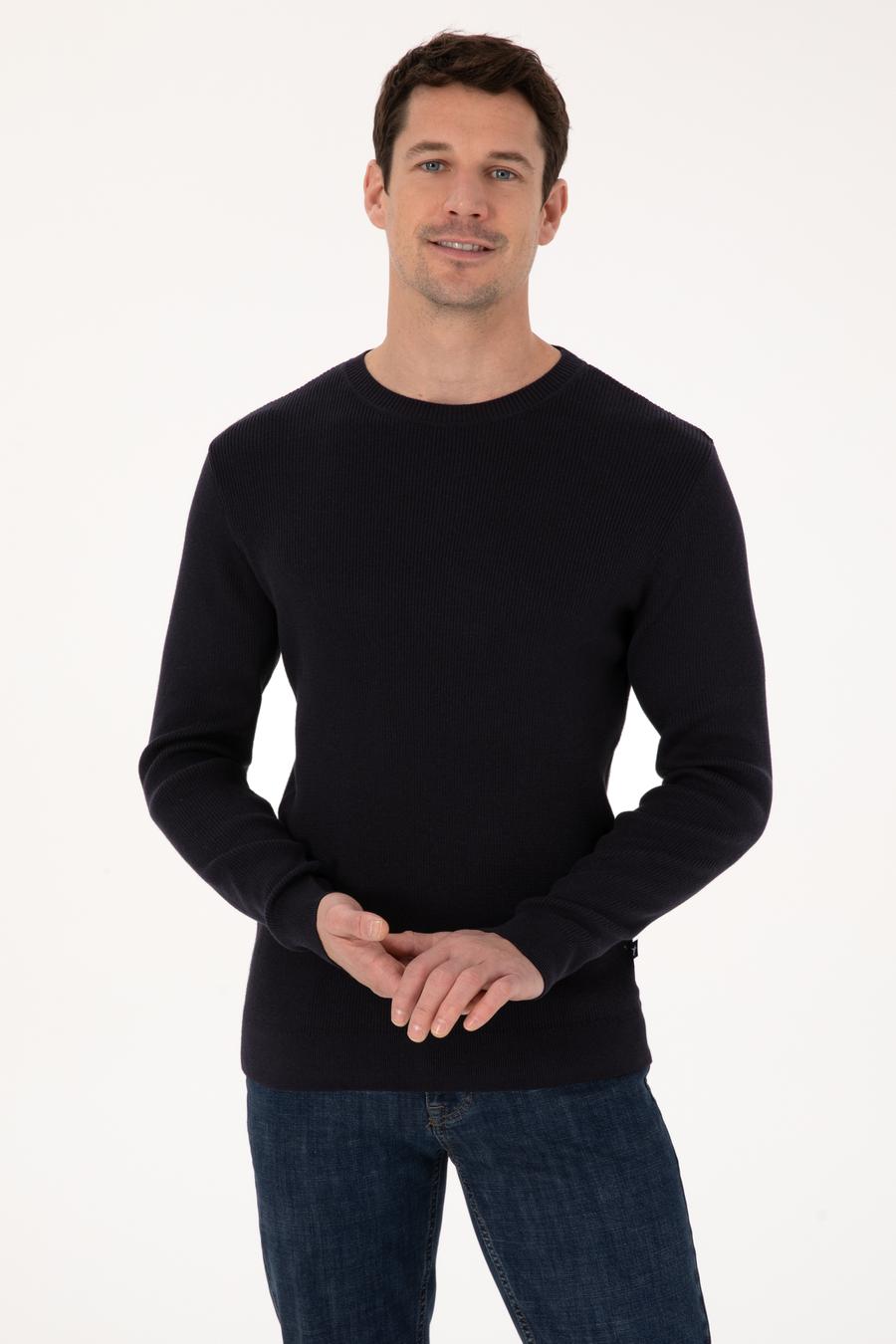 Lacivert Slim Fit Pamuk Karışımlı Bisiklet Yaka Selanik Örgü Triko Kazak - 50318976014