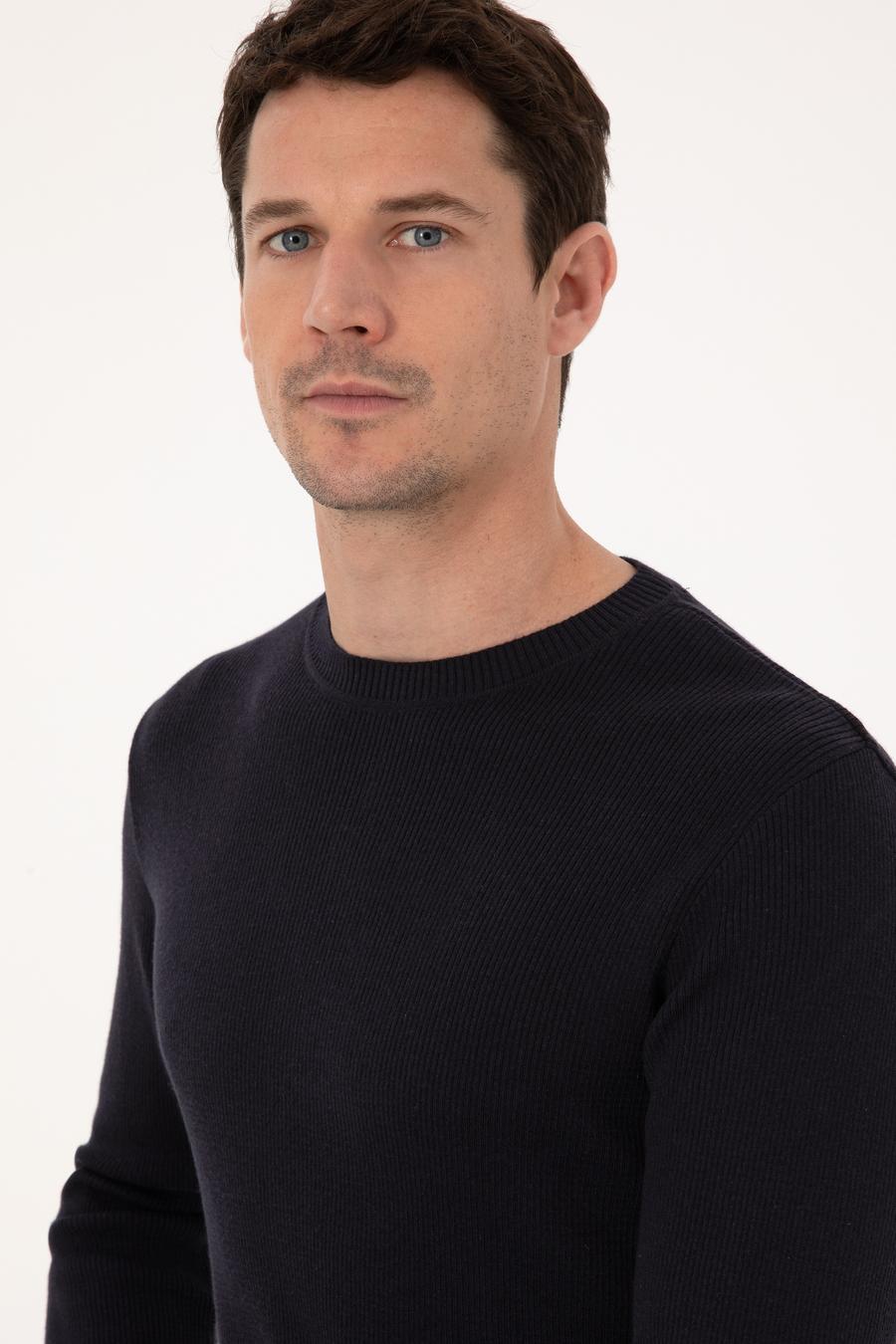 Lacivert Slim Fit Pamuk Karışımlı Bisiklet Yaka Selanik Örgü Triko Kazak - 50318976014