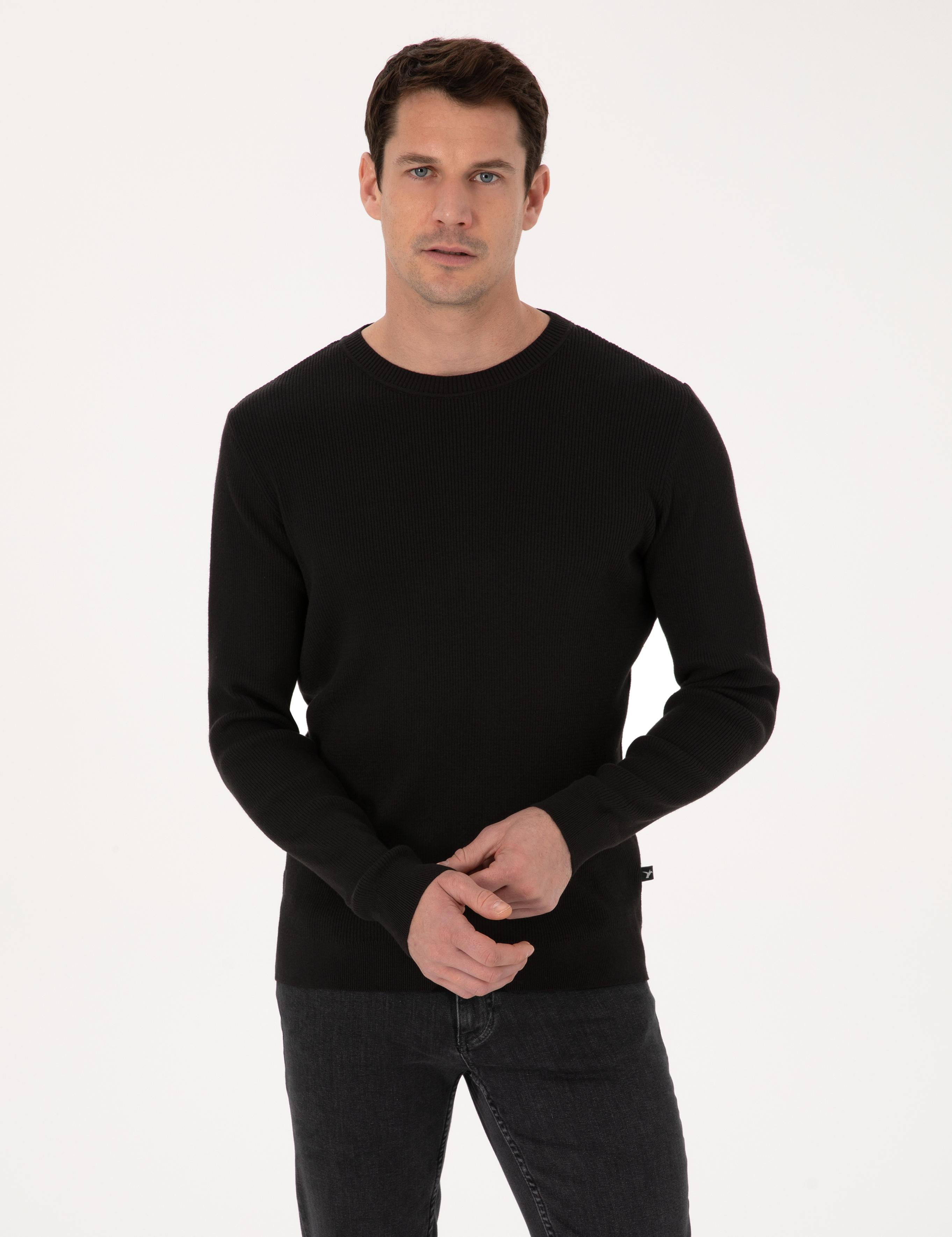 Siyah Slim Fit Pamuk Karışımlı Bisiklet Yaka Selanik Örgü Triko Kazak - 50318976020